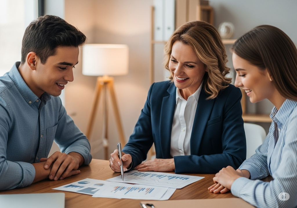 Asesor financiero explicando un crédito hipotecario a una pareja joven.